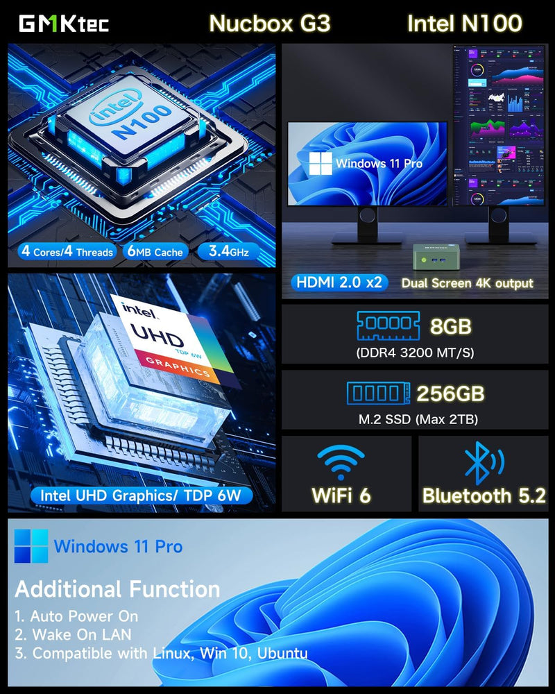 Mini PC GMKTec - Procesador Intel LAKE N100 3.4Ghz - 8GB DDR4 RAM - Disco SSD 256GB - Video 4K - Windows 11 Pro